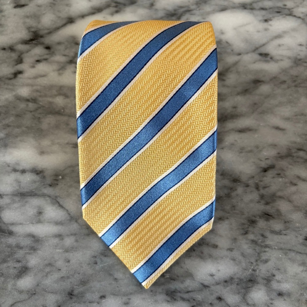 Tasso Elba Men's 100% Silk Necktie Yellow Blue Regimental Stripe Formal Wedding